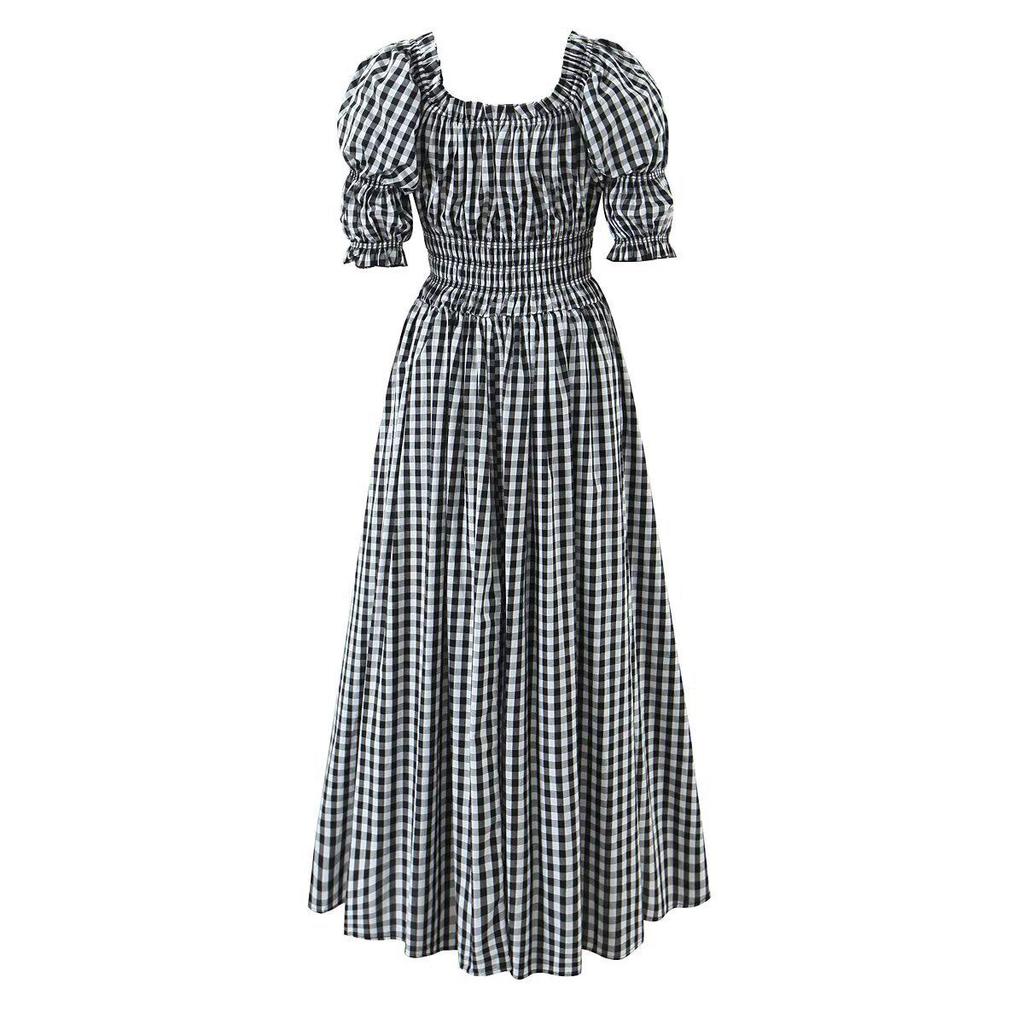 Autumn 2025 European Style Pastoral Plaid Puff Sleeve Dress for Women