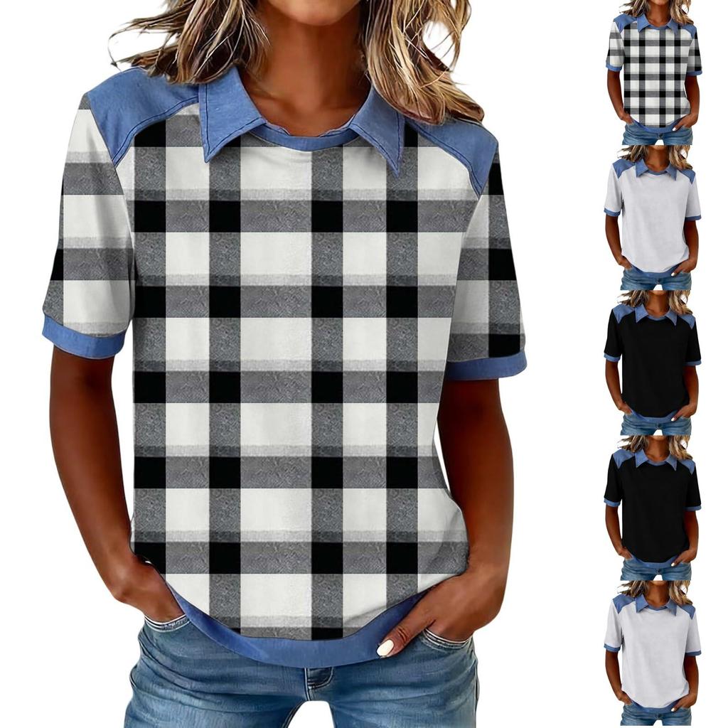 Women Short Sleeve Patchwork Polo Collar Casual Loose Fit T Shirt Soft Fabric Lightweight Top