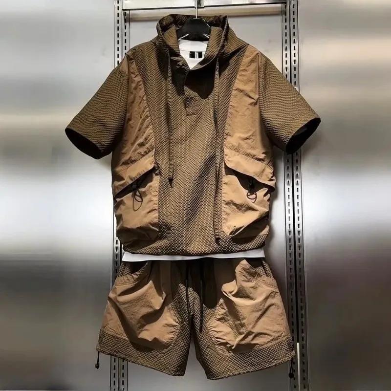 

Fashionable Workwear Breathable Quick Drying Sports Suit Men s Textured Casual Hooded Short Sleeved Shorts Two Piece Set M