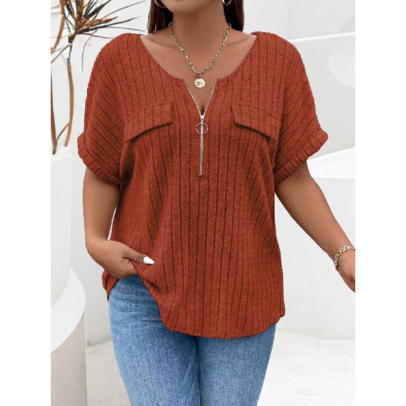 2026 Spring/Summer New Plus Size Solid Color Women's V-Neck T-Shirt Loose Top with Zipper Short Sleeves and Faux Pockets