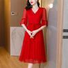 2023 Elegant V-Neck Red Chiffon Dress – Summer Style for Women, Age-Reducing, Fashionable and Suitable for Mothers