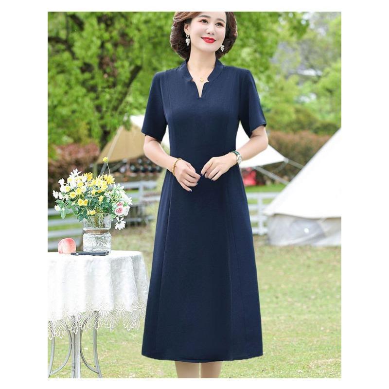 Rochie Midi Elegantă Bleumarin cu Decolteu în V și Mânecă Scurtă pentru Mamă