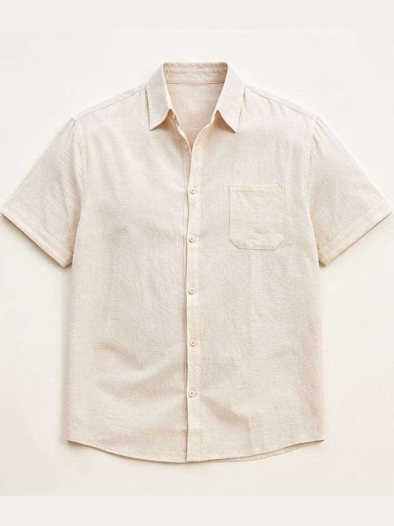 Men's Beige Cotton Linen Short Sleeve Button Up Shirt with Chest Pocket - Relaxed Summer Vacation Top