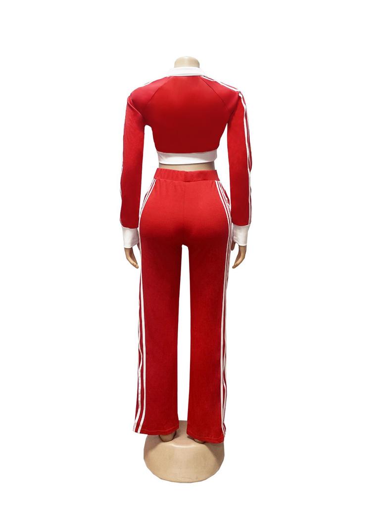 TW768 Women's Casual Color Block Zipper Crop Top & Slim Fit Pants Set