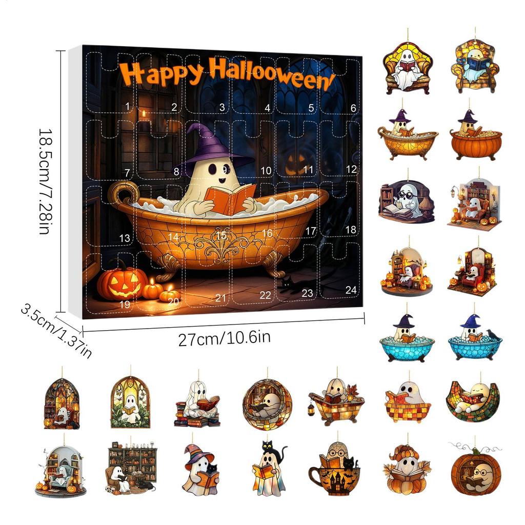 Ghost Countdown Calendar 2025 24 Days 2D Acrylic Reading Ghost Ornament Advent 2025 Spooky Charm For Kids Bookshelf Wall Window