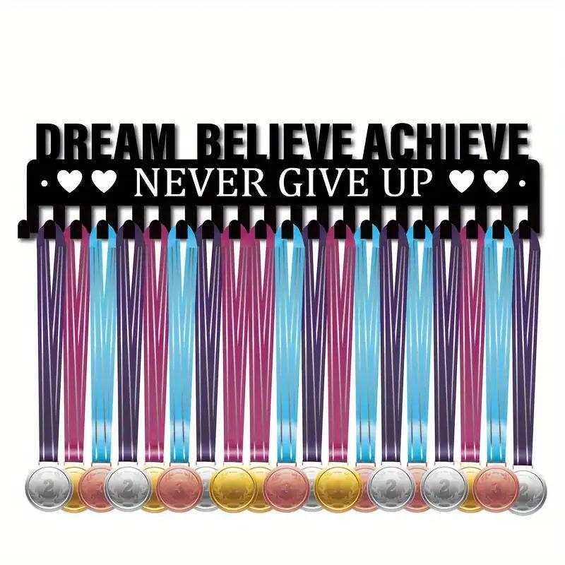 Metal Medal Rack 'Dream Believe Achieve Never Give Up' Iron Medal Holder Wall-Mounted Universal Medal Hanger Home Decor