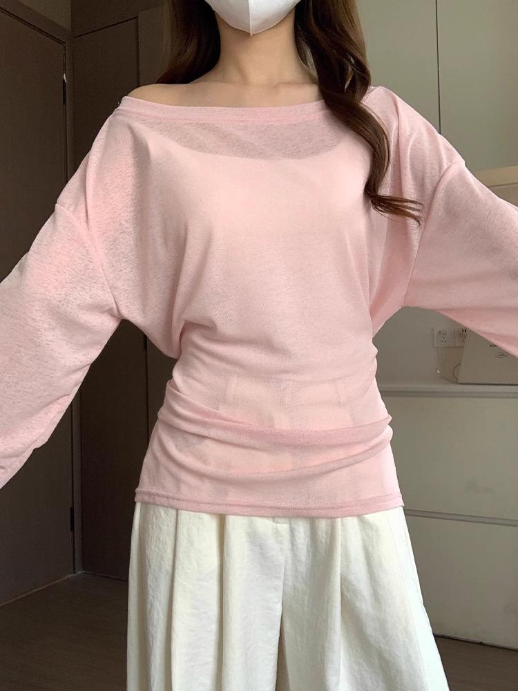 

Женский кардиган топ с открытыми плечами из ледяного шелка - Косой вырез, Длинный рукав, Слегка просвечивающий, Приталенный дизайн M Premium розовый