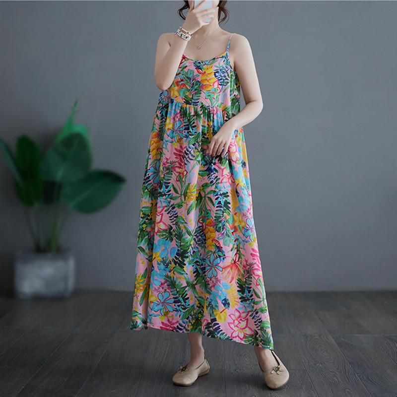 Sleeveless Strap Cotton Plus Size Vintage Floral New In Dresses For Women Casual Loose Long Summer Dress