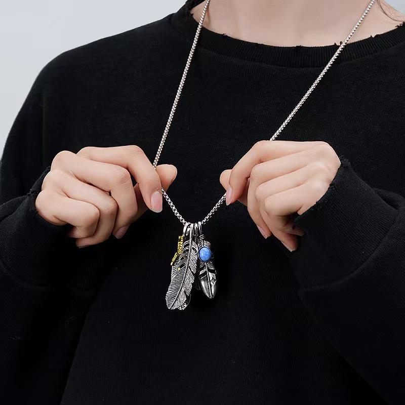 Takahashi Style Feather Pendant Necklace Set - European/American Hip Hop, Long Sweater Chain, Four-Piece Accessories