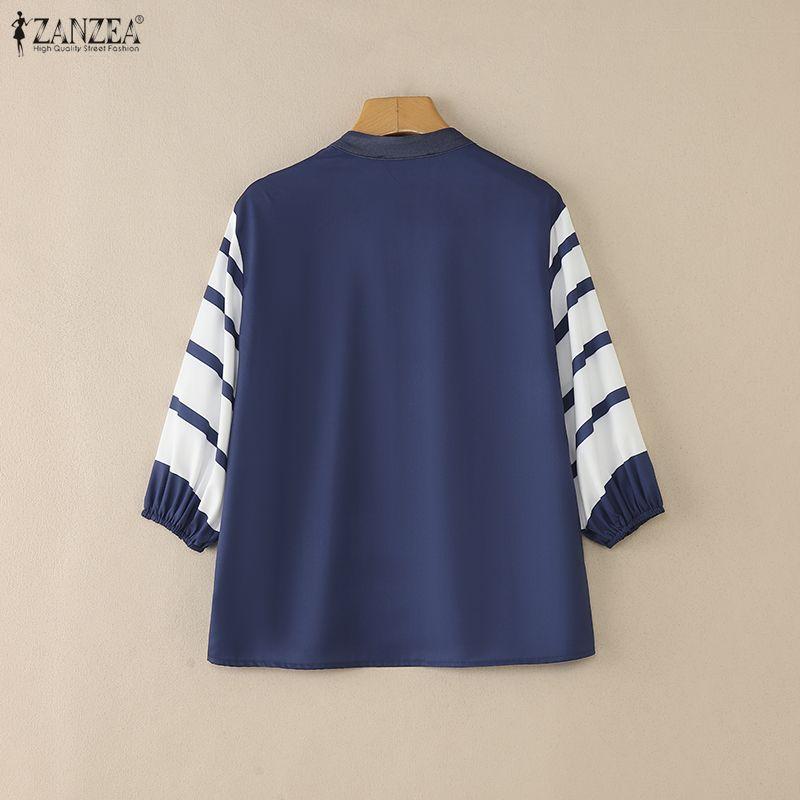 ZANZEA Damen Lässige V-Ausschnitt Streifen Patchwork 3/4 Ärmel Bluse