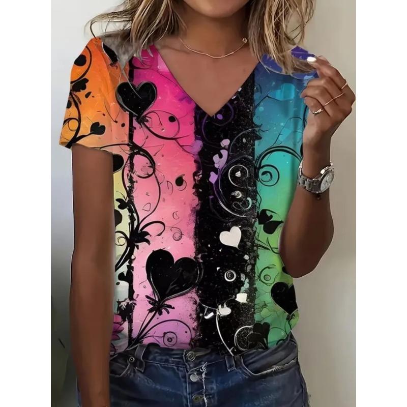 Summer Women's 3D Printed V-Neck T-Shirt Fashion Versatile Breathable Trend Casual