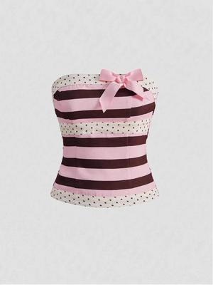 Women's Sweet Girl Striped Polka Dot Corset Top: Summer Bow Knot Bandeau Cropped Bustier