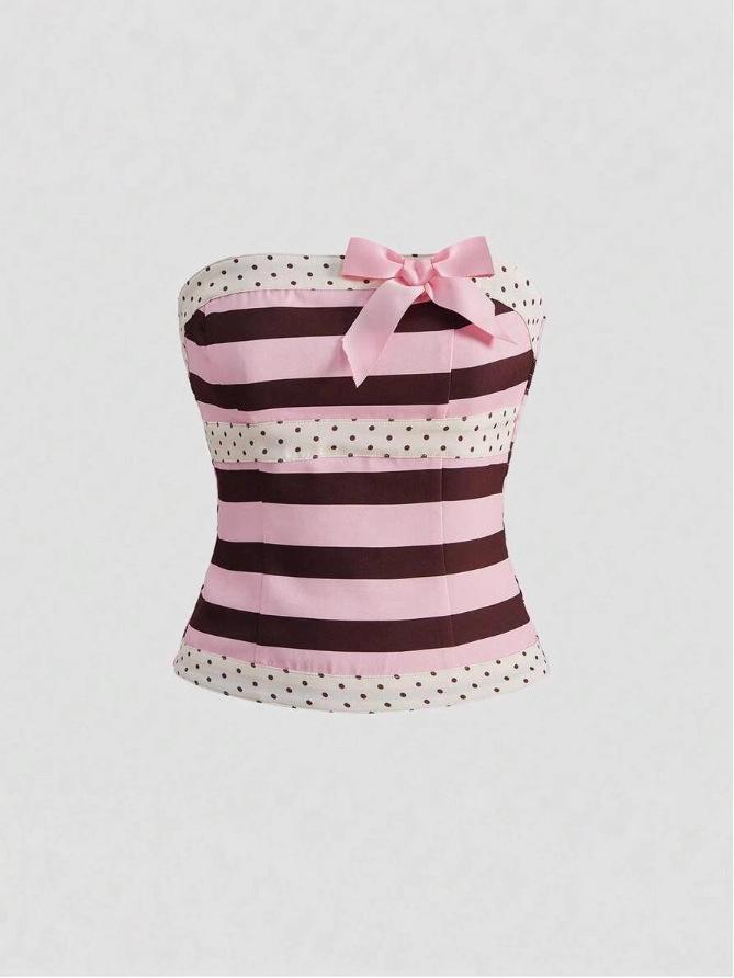 Women's Sweet Girl Striped Polka Dot Corset Top: Summer Bow Knot Bandeau Cropped Bustier