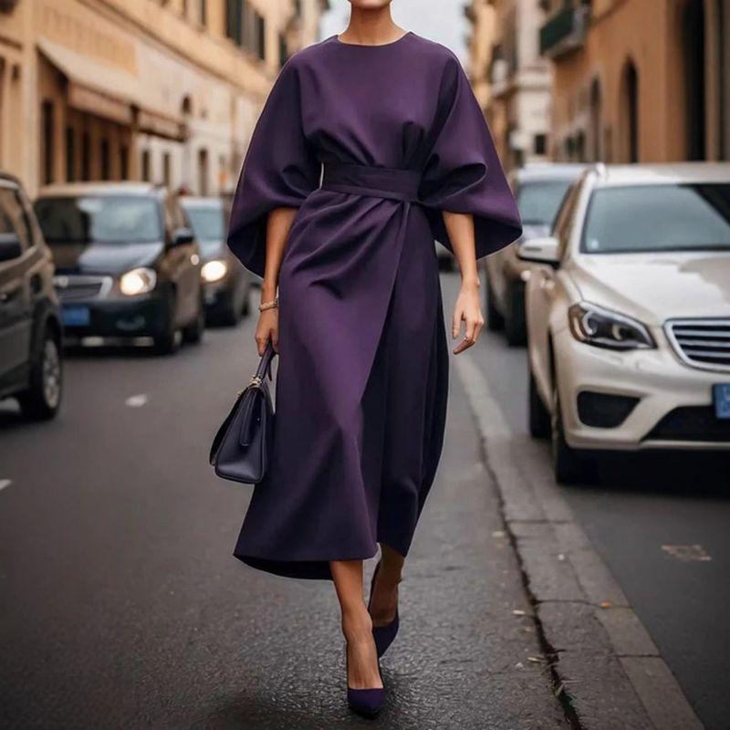2025 Women clothes European and American Fashion Temperament Solid Waist Hugging Dress Casual Batwing Sleeve DRESS Women
