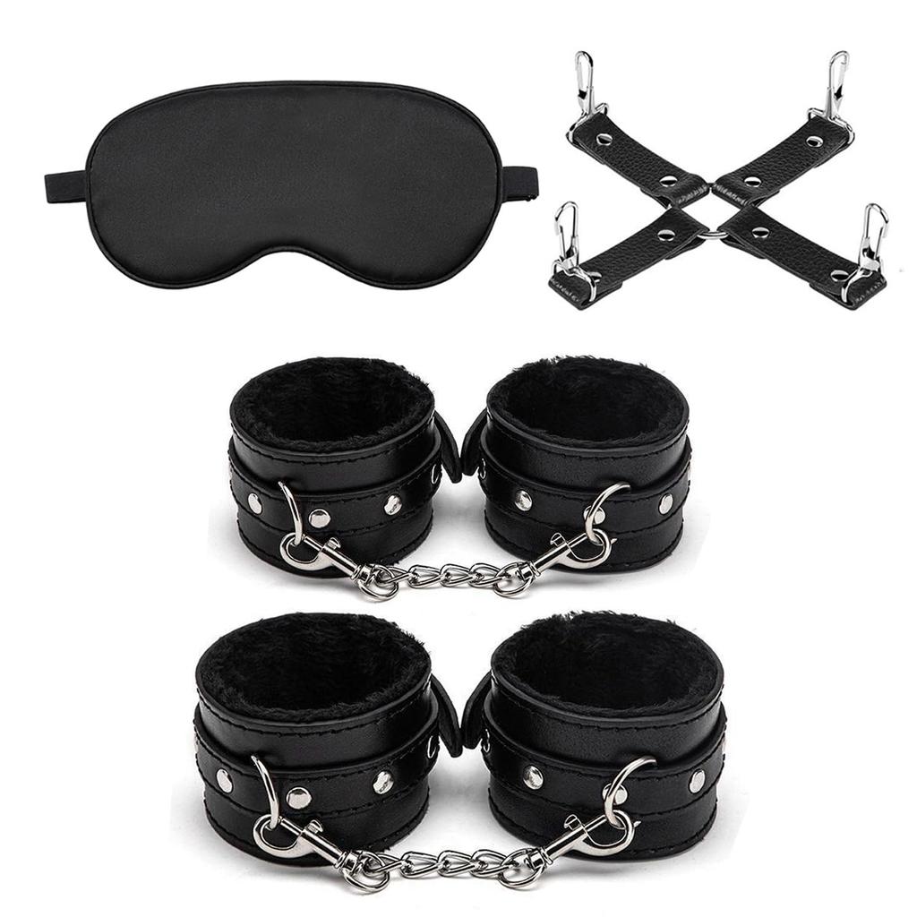 Sexyhot SM Goods Restraints Handcuffs Foot Shackles Cross Shape Adjustable Eye Mask Bed Restraint Blindfold SM Beginner SM Play PU Set of 4