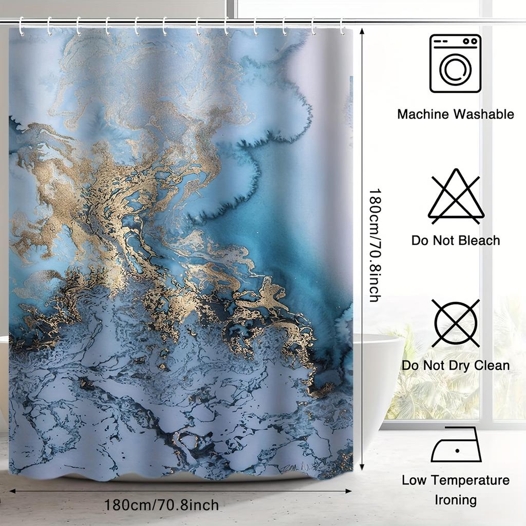 4-Pack Marble Shower Curtain, 3D Fabric Bathroom Curtain With Hooks, Flannel Toilet Seat, Non-Slip Rug