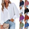 2025 Women's Button-Up Top with Lantern Sleeves, Ruched Solid Color, Stand Collar, Loose Fit, Long Sleeve Shirt