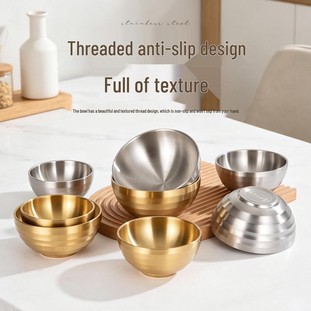304 Stainless Steel Gold-Threaded Double-Layer Insulated Bowl for Kindergarten Soup and Rice, Korean Style