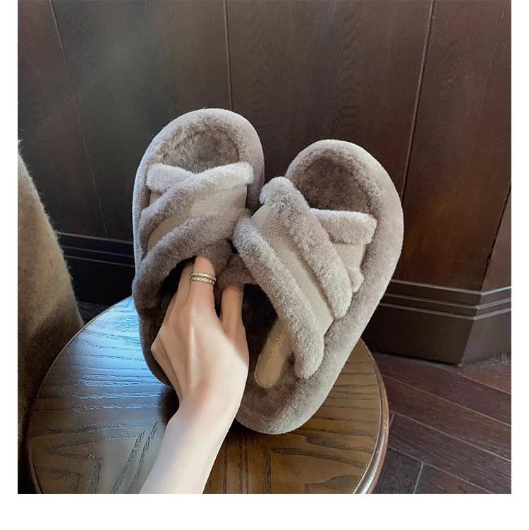 Wool~ Grape Mom same cross-belt splicing warm casual style thick-soled slippers women's 2025 autumn and winter new models
