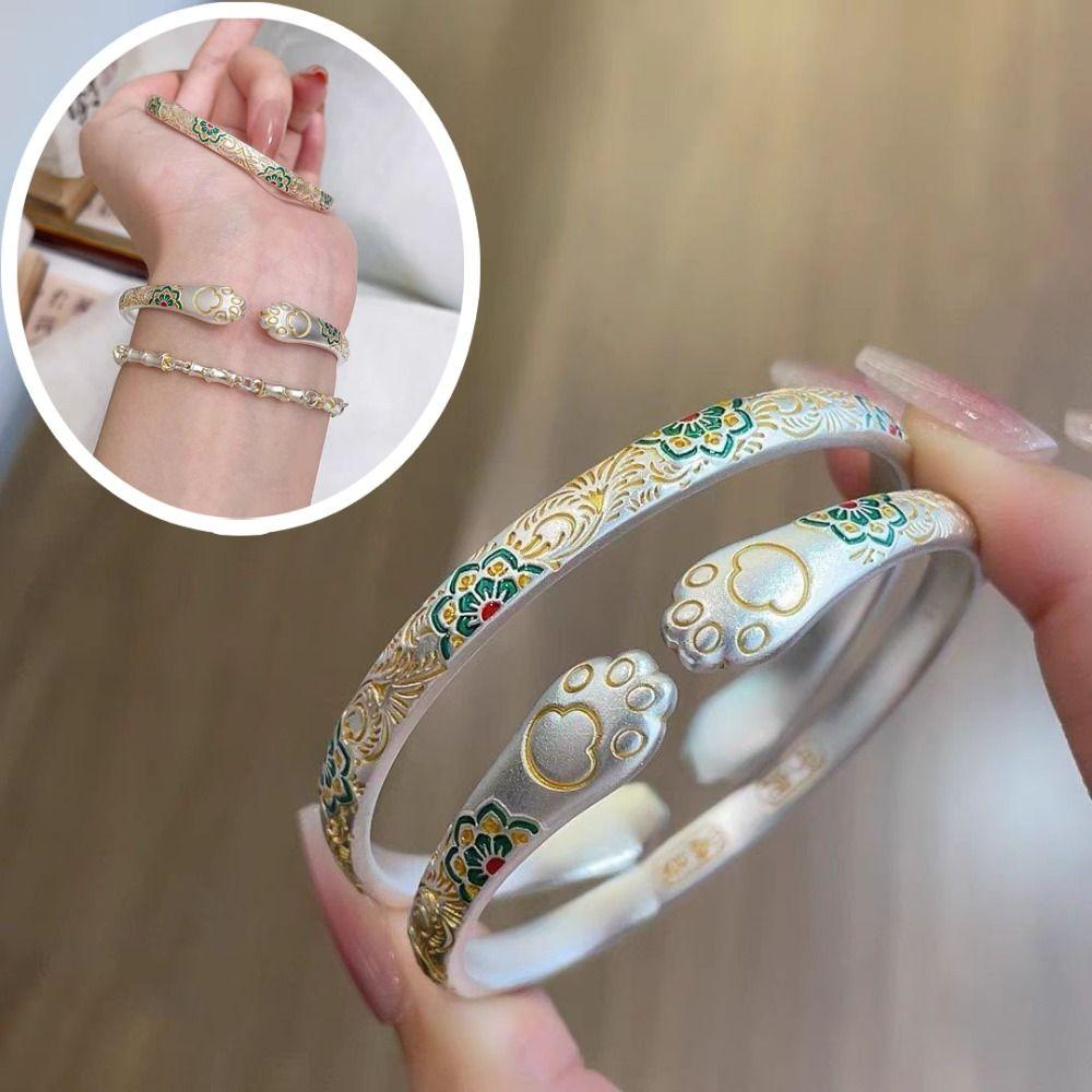 Traditional Enamel Flower Bangle Cat Paw Women's Opening Bracelet  Jewelry Gifts