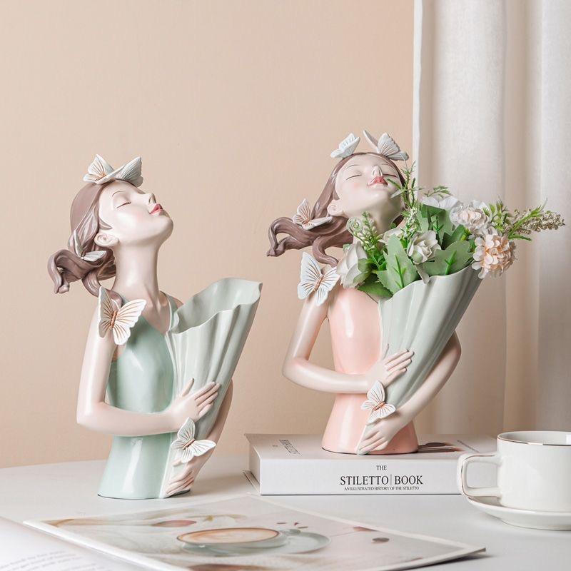 Nordic Girl Holding Vase with Artificial Flowers, Elegant Artistic Resin Home Decor Statue for Living Room, Entryway & TV Cabinet