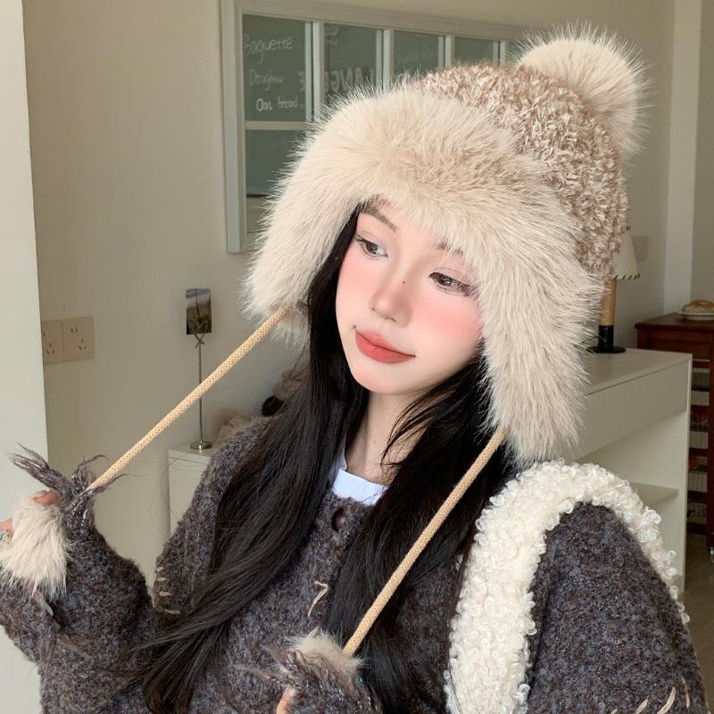Korean Versatile Big Head Circumference Plus Velvet Thickened Warm Hat In Winter Cute Fur Ball Bag Head Hat Windproof Ear Protection Hat Women