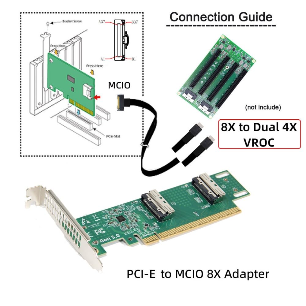 Xiwai 16x To Dual MCIO 8i VROC Mini Cool Edge IO Virtual RAID Adapter for Motherboard SSD Graphics Card PCIE5.0 PCI-Express SFF-TA-1016
