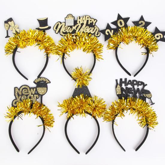 2026 New Year Headband with Number Logo Black Golden Sequin Design Streamer Decorated Hair Hoop Team Unity Prop