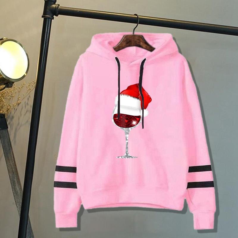 New Christmas Red Wine Glass Print Hoodies Women Spring Autumn Fashion Pullovers Ladies Solid Color Hooded Full Sleeve Sweatshir