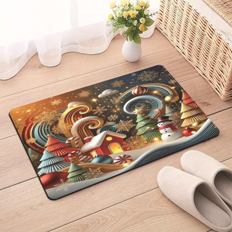 Christmas Traditional Fairy Tale Santa Claus Snowman Tree House Festive Decorative Carpet Rug For Home Decor Holiday Decoration