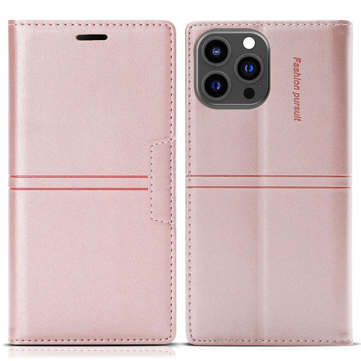 

For iPhone 16 Pro Wallet Case Magnetic Closing Leather Phone Cover Rose Gold