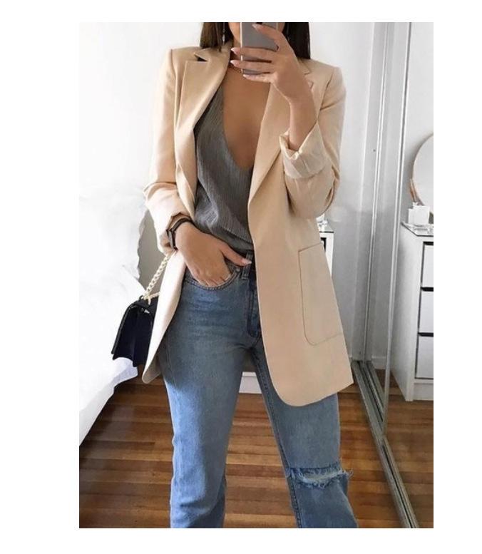 2023 Women's Autumn/Winter Long Sleeve Solid Color Slim Cardigan with Suit Collar