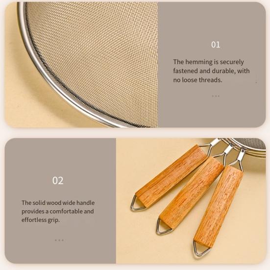 Stainless Steel Strainer with Wooden Handle Fine Mesh Sieve for Flour Sifting And Oil Filtering Multi-Size Kitchen Sifter