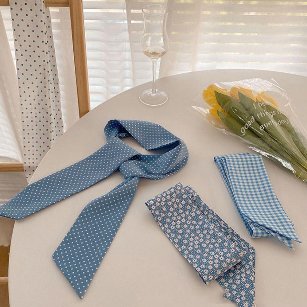 Polka Dot Ribbon Braids Headband Plaid Long Neck Scarves Light Blue Series Hair Band  Outdoor