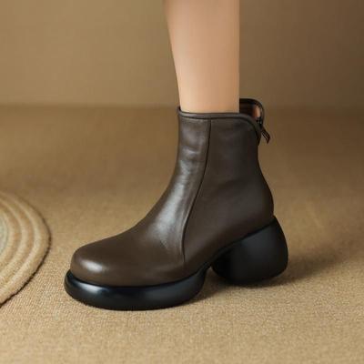 2025 Winter Neu Leder Dicke Sohle Runde Spitze Britischer Stil Damen Grober Absatz Schwammsohle Khaki Retro Kurze Stiefel