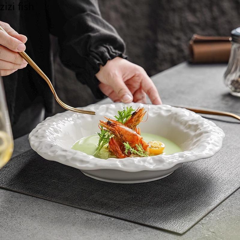 Creative Stone Pattern Edge Ceramic Plate Pure White Salad Plate Dessert Plate Thick Soup Plates Deep Plates Hotel Tableware