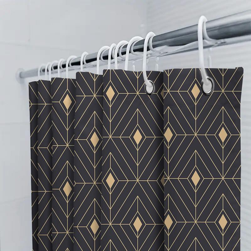 Art Deco Duschvorhang 3D Schwarz Gold Diamantenmuster Badezimmerdeko Wasserdichter Stoff Duschpaneel-Set für Kinderbadezimmer (128