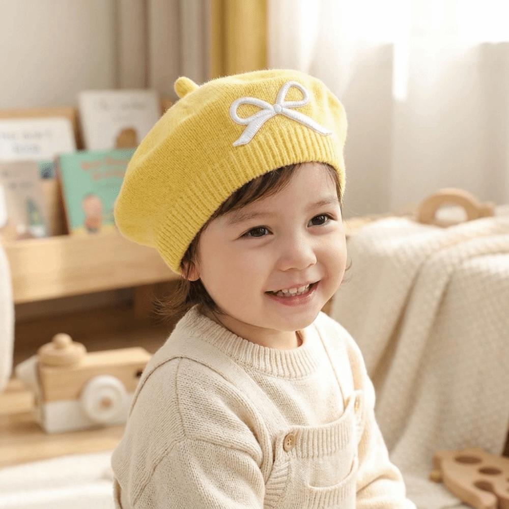 Soft Children Knitted Beret Elastic Beanie Cap Stylish Bow Embroidery Painter Hat  Gift