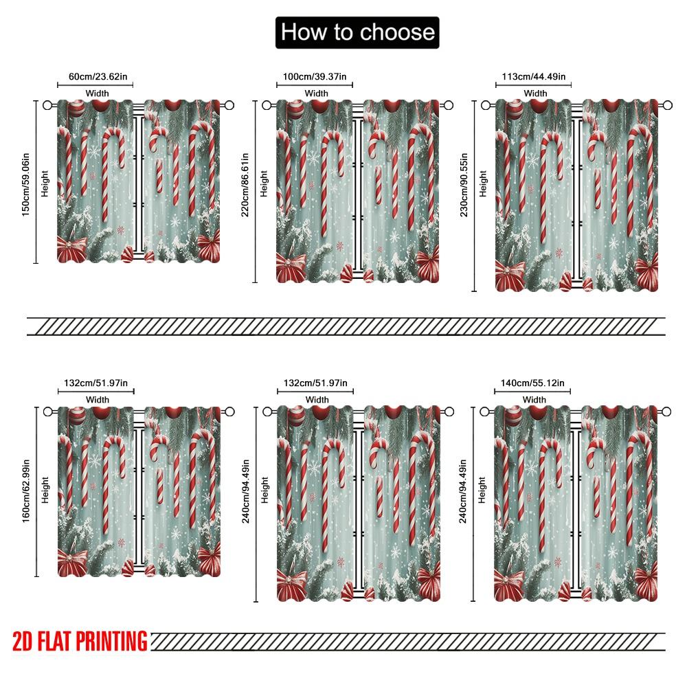 2pcs,2D Plane Printing Curtains Digital Printed Christmas Candy Cane Ornaments Snow (4) Versatile Polyester Fabric (without Rod)