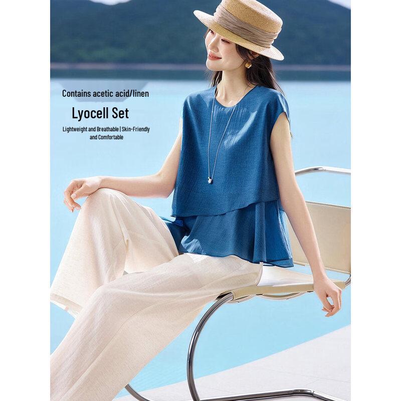 Mohan Yimei Women s Sleeveless Color-Block Top & Wide-Leg Pants Set L