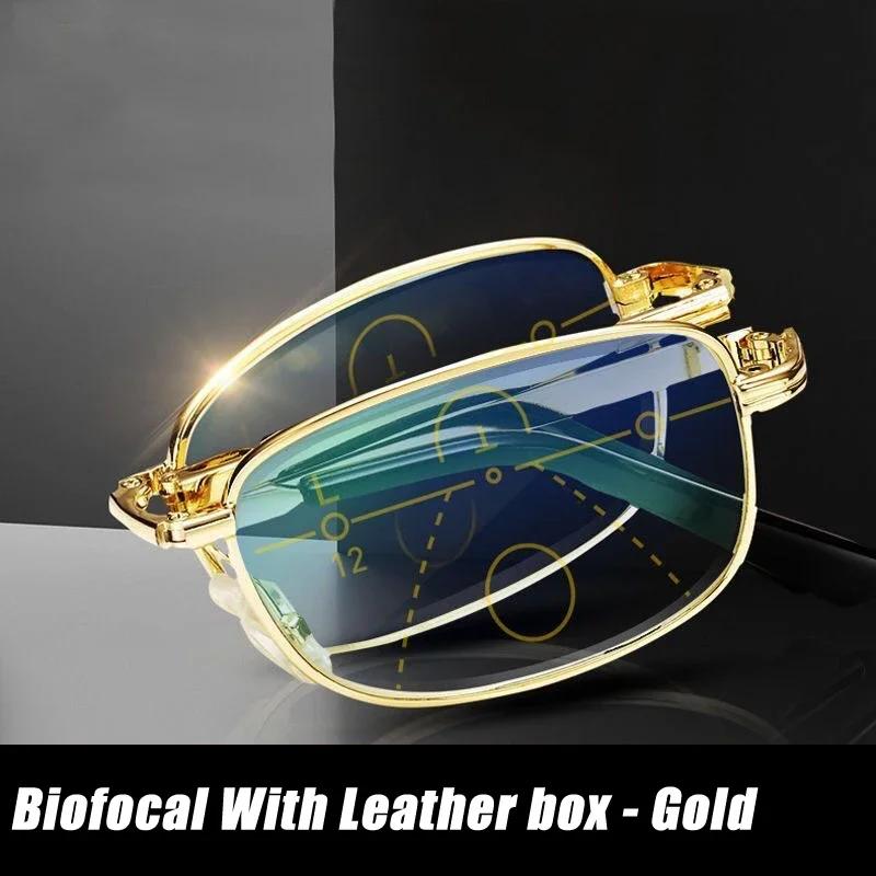 

Складные очки для чтения, портативные прогрессивные биофокальные очки, мужские очки для родителей с защитой от синего луча и пресбиопии с кожаным чехлом +350