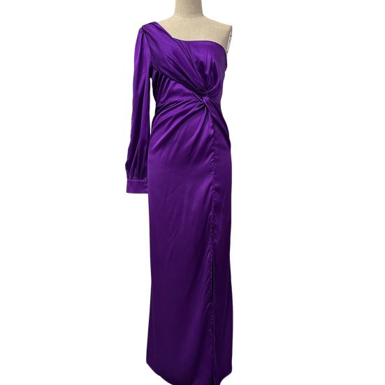 Vestido de noite feminino, um ombro, sem mangas, bainha dividida, cor sólida, cintura fina