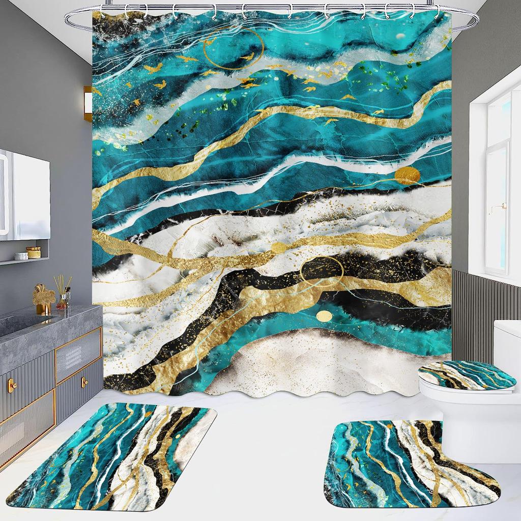 4Pcs Marble Series Shower Curtain Sets for Bathroom Non-Slip Bathroom Rugs Lid Toilet Cover Bath Mat
