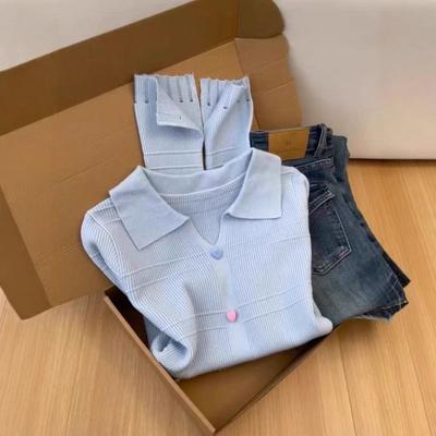 Lapel Blue Striped Long Sleeve Knitted Sweater Cardigan Jacket Ladies Lazy Style Premium Early Autumn Top