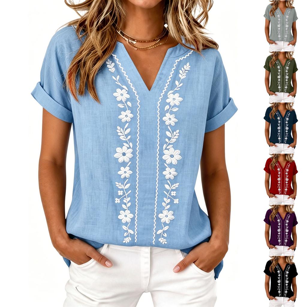 Women's V-Neck Embroidered Blouse - Short Sleeve, Casual Tunic Top for Summer, Business Casual Shirt