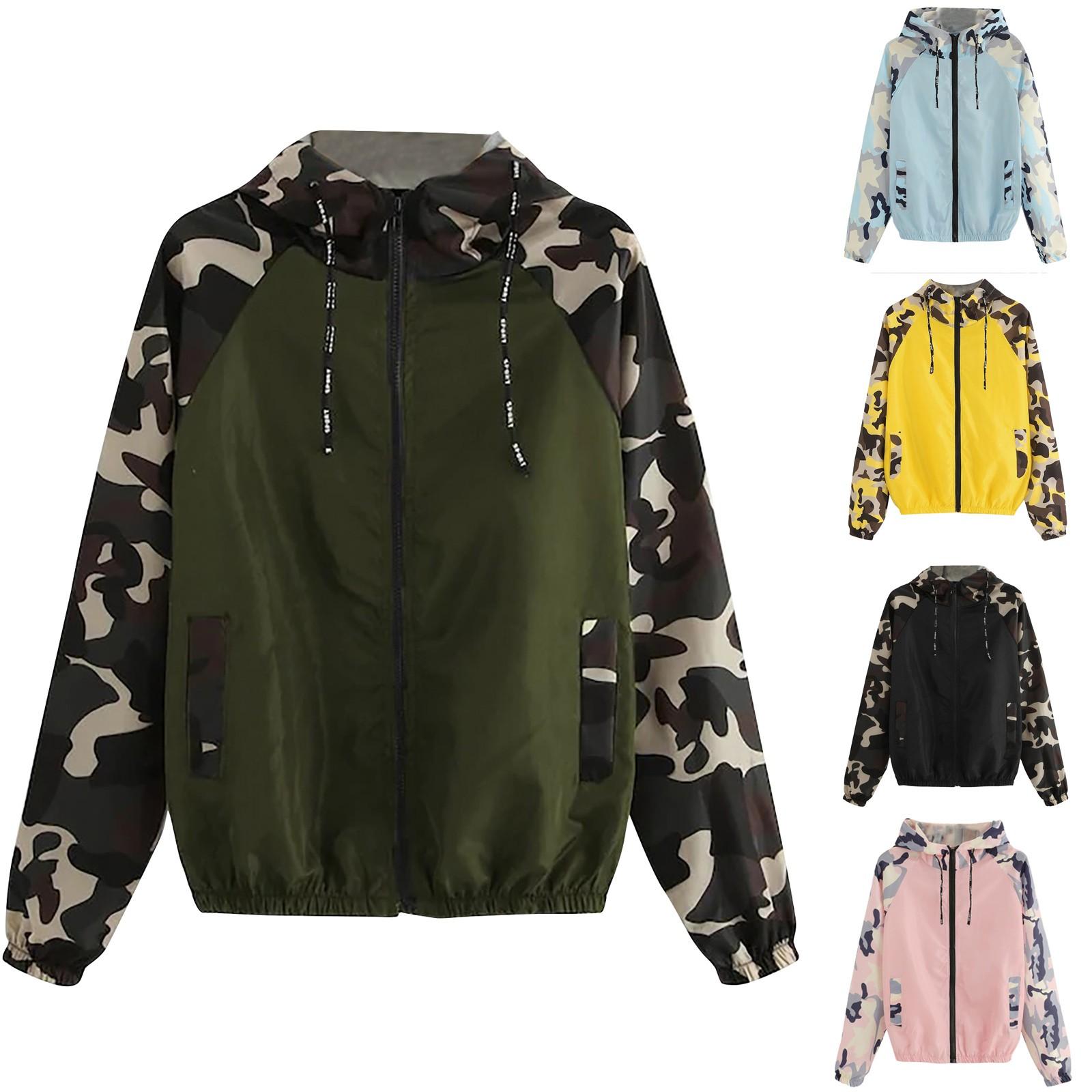 

Женщины с длинным рукавом Камуфляж Сращивание Цвет Контраст Молния с капюшоном Свободное пальто