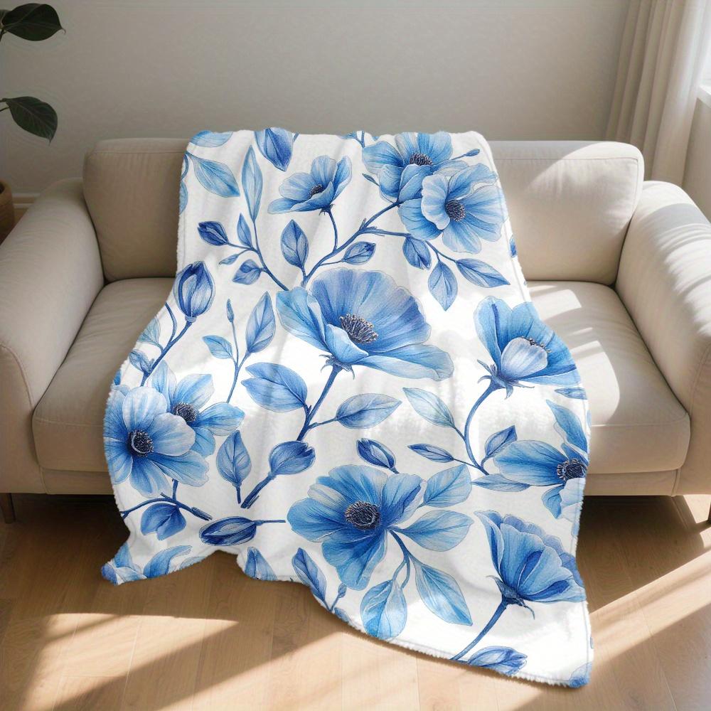 1 Stück Decke mit weiß-marineblauem Blumenmuster, Polyesterstoff, maschinenwaschbar, geeignet für Schlafzimmer- und Wohnzimmerdekoration