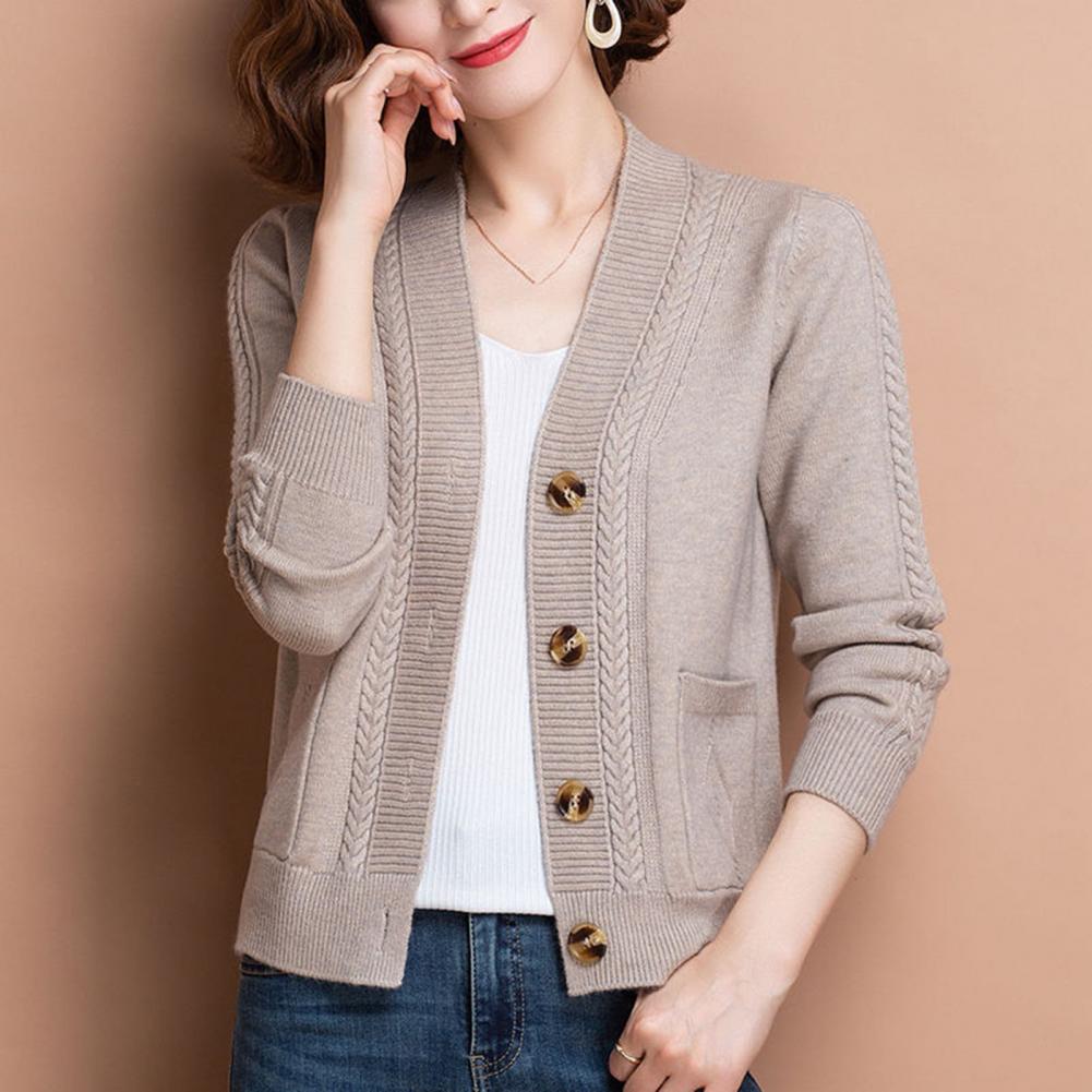 Women Knitted Cardigan Spring Autumn V Neck Button Closure Long Sleeves Solid Color Middle Age Ladies Coat Top Streetwear