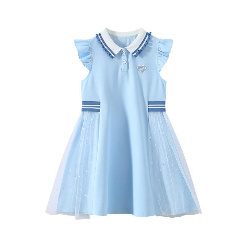 Mädchen Mode Prinzessinnenkleid 2025 Sommer Kinder Prinzessin Mesh Patchwork Polo Kragen Kleid