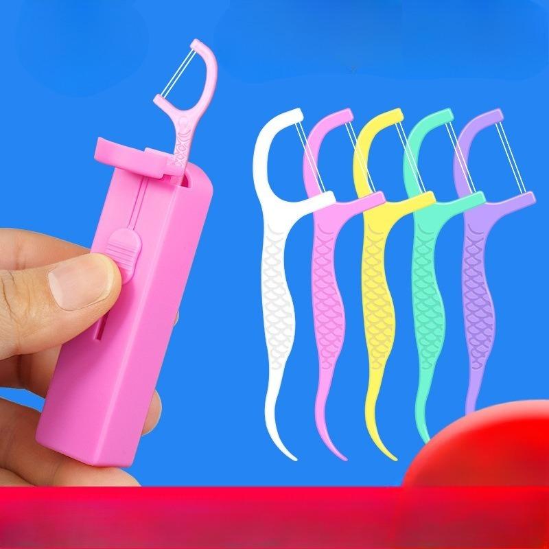 Automatic Dental Floss Holder with 5 Pieces, Portable and Easy To Use, One-click Release, Double-threaded, Fruit-flavored Dental Floss